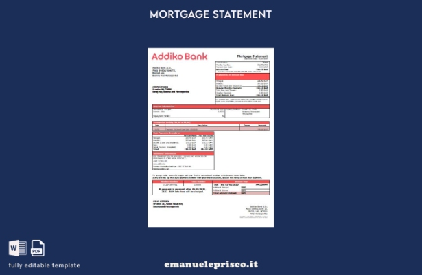 modello di estratto conto mutuo bancario Addiko Bosnia ed Erzegovina stile verif
